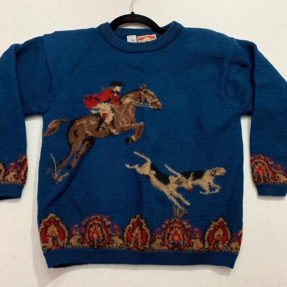 Teal Fox Hunting Scene Sweater, Horse Sweater